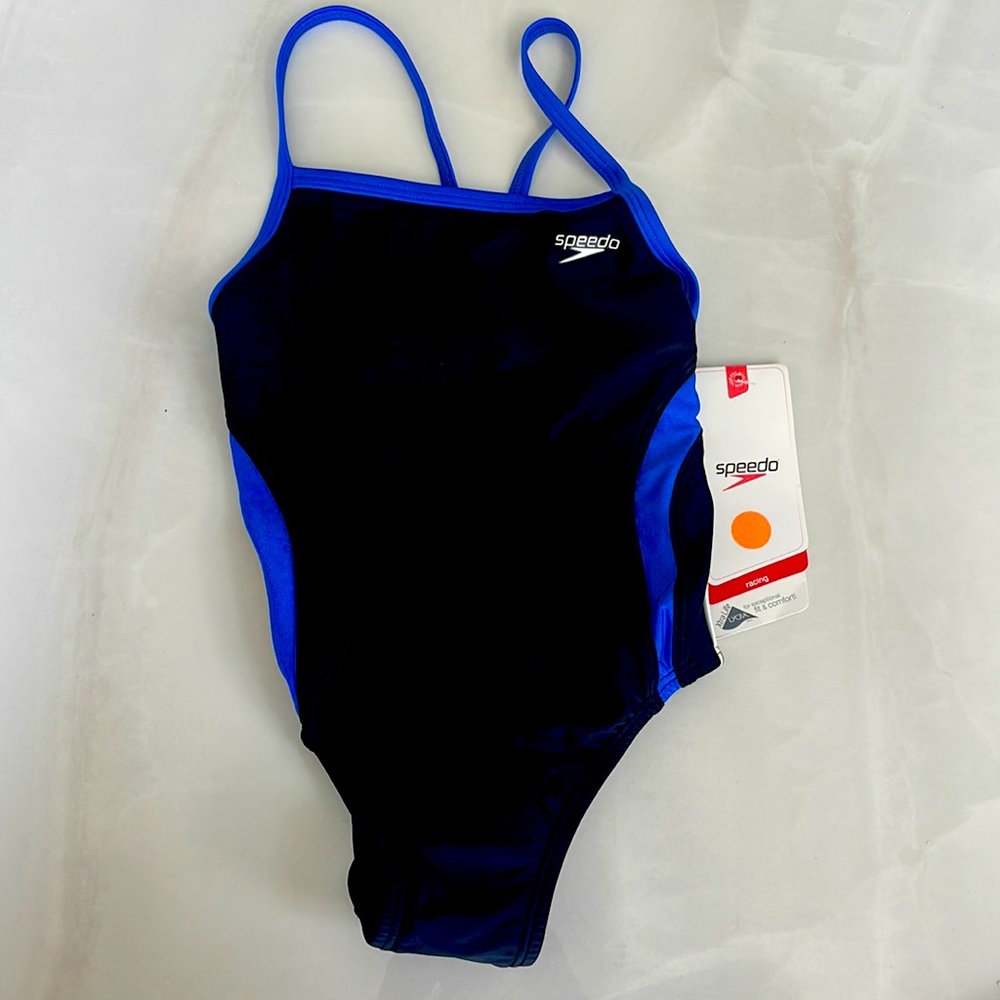 New Speedo elite racing training swimsuit 8/24 youth black blue lycra nwt